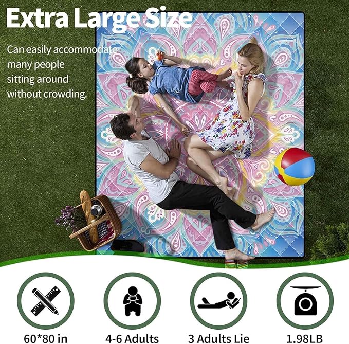 Picnic Blankets Waterproof Sandproof 60x80 Outdoor Portable Lightweight Extra Large Family Beach Blanket Camp Mat for Travel Foldable Outside Lawn Camping Essentials Mats for Grass