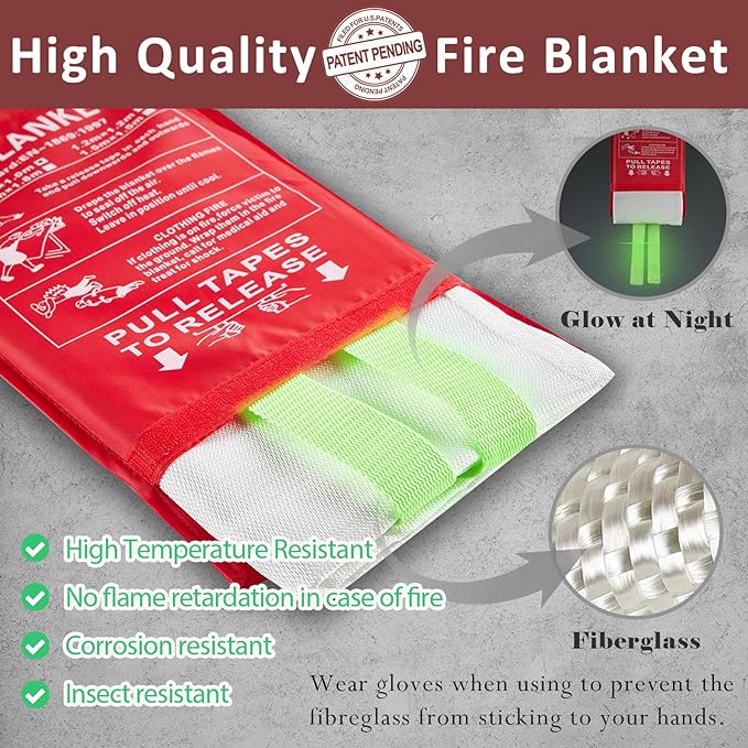 Emergency Fire Blankets, Fire Extinguisher Blanket Glow at Night, Flame Retardant Blanket Fire Safety Blanket for Home and Kitchen, Camping, Grill, Car, Office (1 Pack)