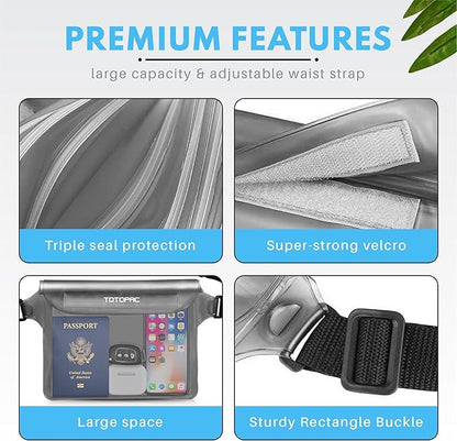 2-Pack Waterproof Fanny Pack, Phone Pouch with Waist Strap, 9x6.7 Inch Dry Bag for Phone, Cash, and Valuables – for Swimming, Kayaking, Boating, Snorkeling, and Water Sports (2, Grey + Grey)