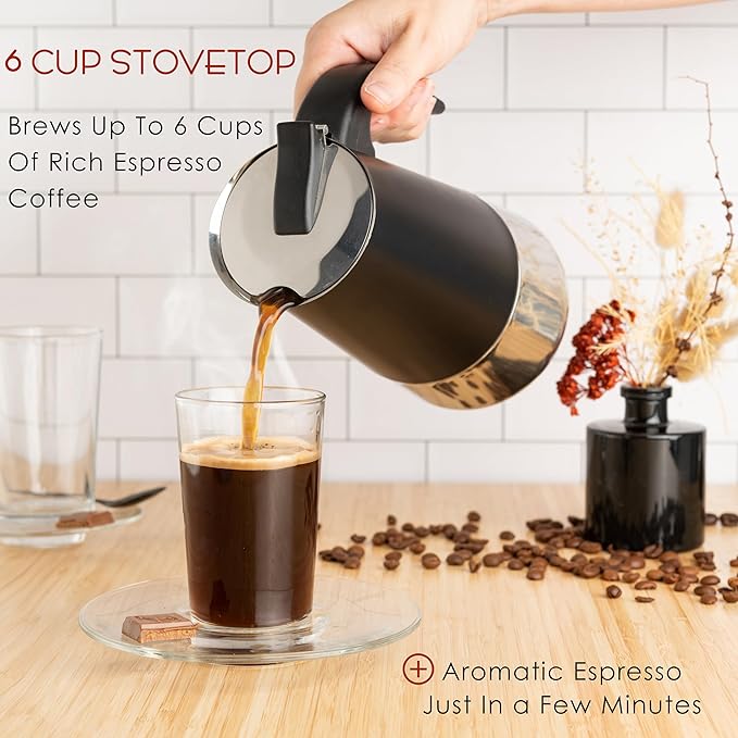 Mixpresso 6 Cup Greca Stovetop Espresso Maker 10oz, Moka Pot with Coffee Percolator Design, Stainless Steel Stove Top Coffee Maker for Camping or Home, Italian Coffee Maker Stovetop, Black Coffee Pot