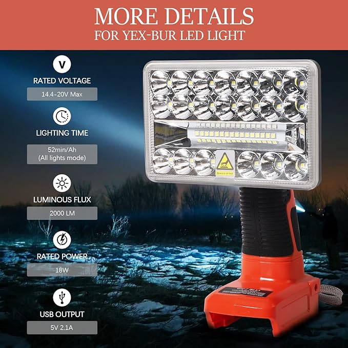 YEX-BUR for Black and Decker 20v Light, LED Work Light for Black and Decker 20V, 18W 2000LM Portable Spotlight Floodlights with USB-A Port for Camping Car Repairing Garage