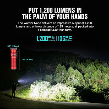 OLIGHT Warrior Nano Tactical Flashlight, 1200 Lumens Rechargeable LED Light with MCC Charger, Dual Switches EDC Flashlight for Emergency, Outdoors and Camping (Red)