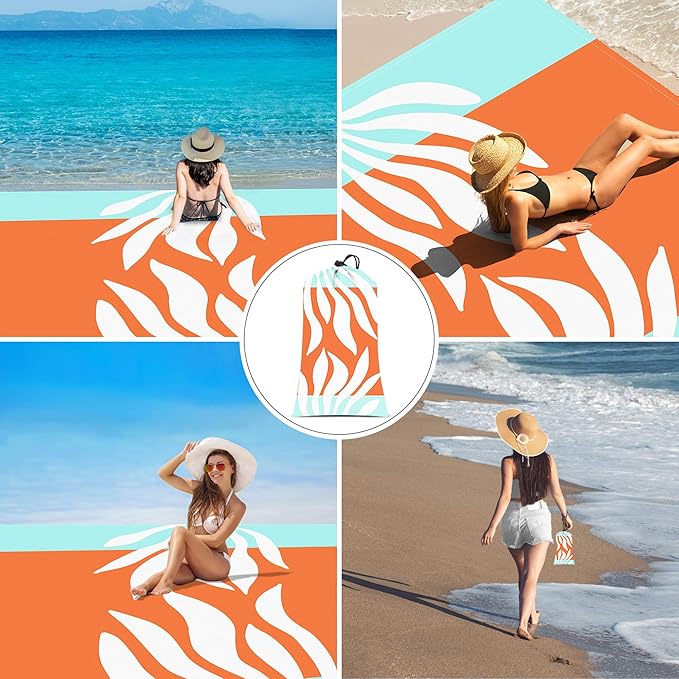 Beach Blanket Waterproof Sandproof, 78”x 86” Outdoor Beach Mat for 1-4 Adults, Quick Drying Foldable Sandfree Picnic Blanket with Stakes & Pockets for Travel, Camping, Hiking, Festival