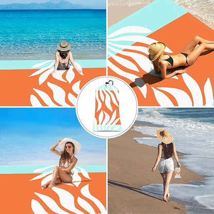 Beach Blanket Waterproof Sandproof, 78”x 86” Outdoor Beach Mat for 1-4 Adults, Quick Drying Foldable Sandfree Picnic Blanket with Stakes & Pockets for Travel, Camping, Hiking, Festival