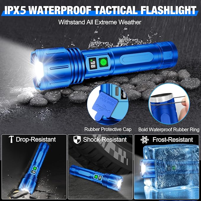 Flashlights High Lumens Rechargeable, 100000 Lumens Super Bright LED Powerful Flashlight, Type-C, 5 Modes, Zoomable, IPX5 Waterproof High Powered Tactical Flash Light for Emergency Camping,Blue