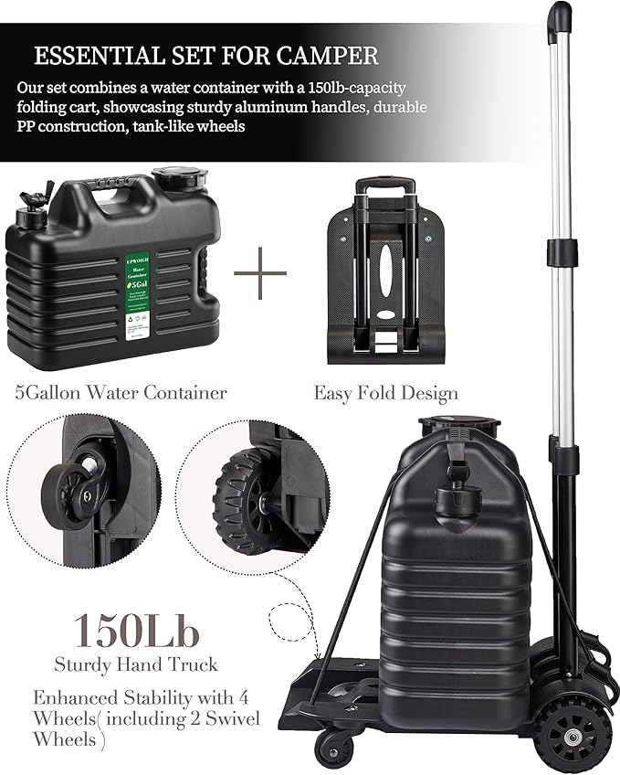 5 Gallon Water Jug and 150 lb Multifunctional Folding Hand Cart,Black Hand Truck,BPA Free Thickened Water Storage, Portable Luggage Cart with 2 Tank Wheels + 2 Swivel Wheels,Essential Camping Hiking