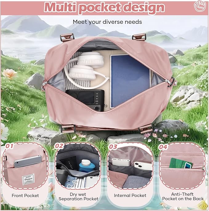 Pink Gym Bag with Wet Pocket, Foldable Travel Duffle Bag Carry On Weekender Bags for Women, Waterproof Overnight Bag for Travel, Gym, Yoga