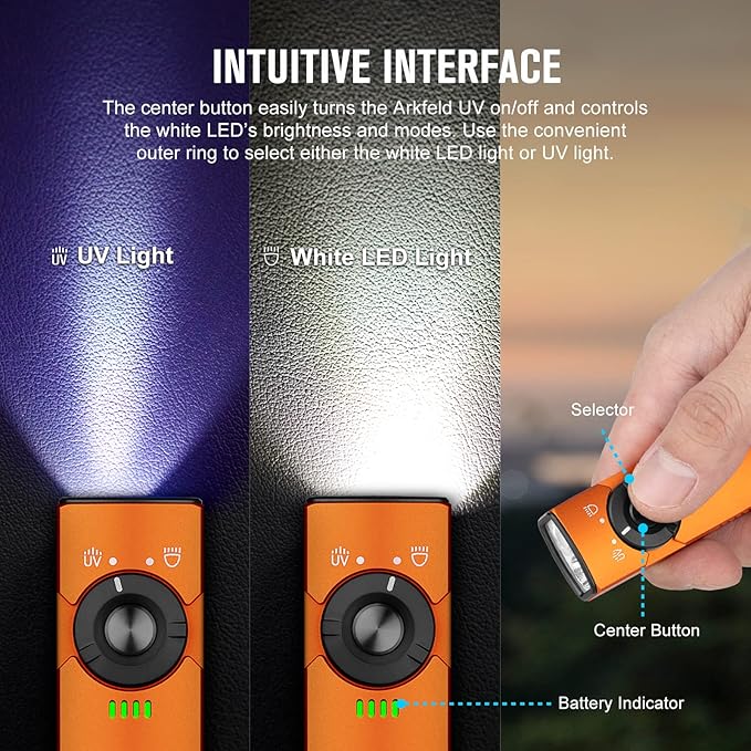 OLIGHT Arkfeld UV 365nm Black Light, 1000 Lumens White LED Flashlight, Rechargeable UV Flashlight for Camping, Outdoors, Emergency, Pet Urine Detection (Neutral White Light: 4000~5000K)