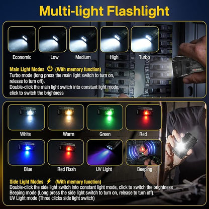 BORUIT V20 LED Small Powerful EDC Flashlight with 365nm UV Light,180°Head Swivels,USB C Rechargeable 1000 LM Mini Pocket Keychain Flash Light with Clip-13 Mode,IP67,Magnetic,110DB Buzzer(Black)