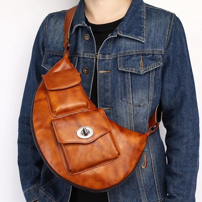 KPYWZER Genuine Leather Sling Bag for Men Women Crossbody Purse Chest Bag Shoulder Backpack Motorcycle Pack Satchel Casual Hiking Travel Daypack