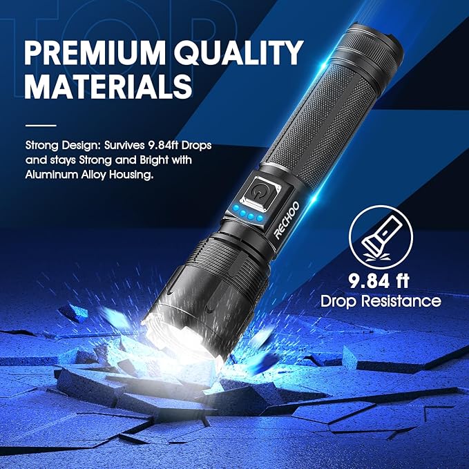 RECHOO Rechargeable Flashlights High Lumens, 10000 Lumens Tactical Flashlights, Super Bright LED Flashlight with 5 Mode & Zoomable, IP65 Waterproof Flash Light for Camping, Hiking, Emergency, Home