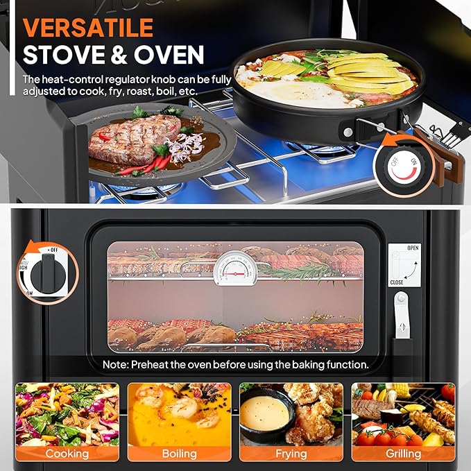 ROVSUN 2-in-1 Portable Camping Stove & Propane Oven with Piezo Igniter, 2 Burner Stove & Outdoor Oven with Adjustable Fire, Thermometer, Wind Panel & Regulator for Traveling, Tailgating (Black)