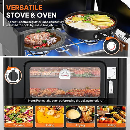 ROVSUN 2-in-1 Portable Camping Stove & Propane Oven with Piezo Igniter, 2 Burner Stove & Outdoor Oven with Adjustable Fire, Thermometer, Wind Panel & Regulator for Traveling, Tailgating (Black)