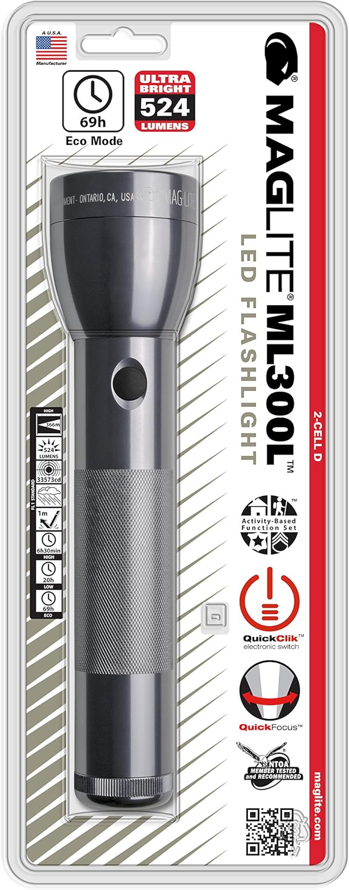 Maglite ML300L LED 2-Cell D Flashlight, Gray