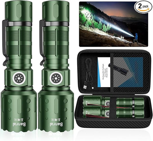 Flashlights High Lumens Rechargeable, 20,000 Lumens Super Bright 1500 Meters Long Range Small Powerful Flashlight, 6 Modes LED Tactical Pocket Waterproof Flash Light for Home Emergency (2, Green)