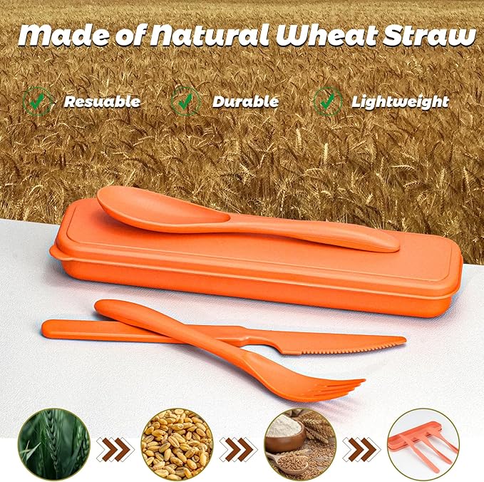 Reusable Travel Utensils Set with Case, 2 Sets Wheat Straw Portable Plastic Fork Spoons Knife Camping Cutlery, Eco-Friendly BPA Free Lunch Tableware Travel Picnic Utensils for Kids Adults Daily Use