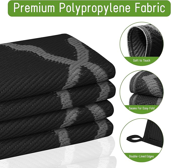 Easy-Going Reversible Outdoor Rugs 6x9ft Waterproof Plastic Straw Rug Stain & UV Resistant Floor Mat for Patio Porch RV Backyard Pool Deck Picnic Beach Trailer Camping (Moroccan Black & Grey)