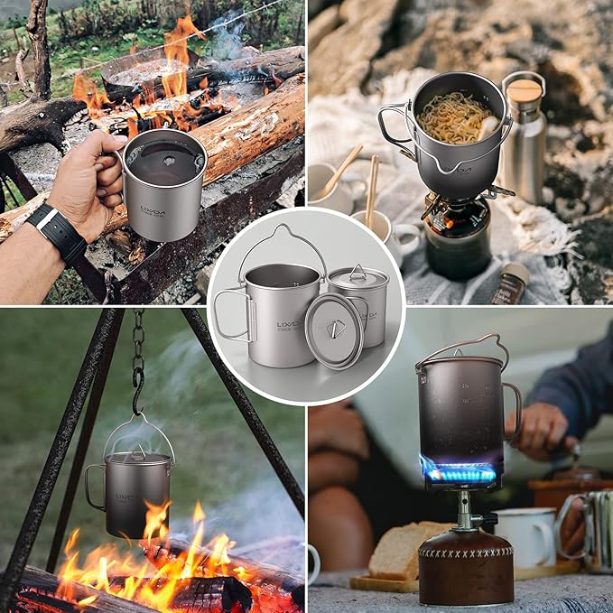 Lixada Camping Titanium Pot,750ml Titanium Pot with 450ml Water Cup Mug Folding Spork Camping Cookware Set for Outdoor Camping Hiking Backpacking
