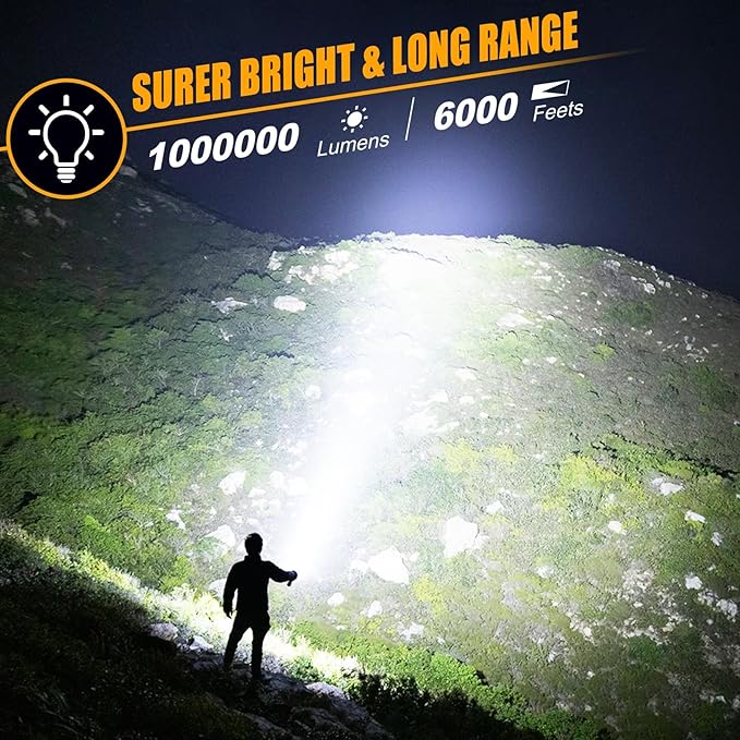 Spotlight Flashlight, 1000,000 Lumens Outdoor Spot Light, LED Rechargeable Spotlight Handheld, 8 Modes with Cob Light, 10800ɱAh, Flashlight for Camping Marine Boating Hunting, IPX6 Waterproof