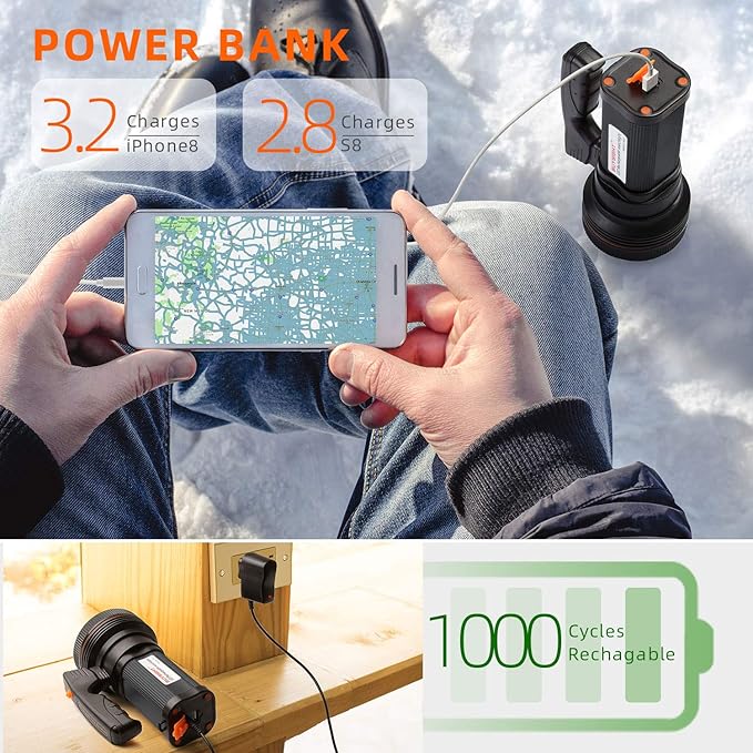 BUYSIGHT Rechargeable Spotlight Flashlight 120000 Lumens Handheld Spot Light LED Flashlight with Handl Ultra-Long Standby Electric Torch with USB Output （Classic Black）
