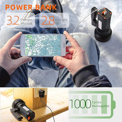 BUYSIGHT Rechargeable Spotlight Flashlight 120000 Lumens Handheld Spot Light LED Flashlight with Handl Ultra-Long Standby Electric Torch with USB Output （Classic Black）