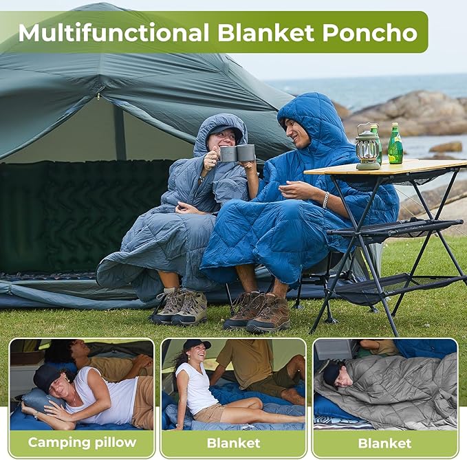 ATEPA Blanket Poncho Hooded Ultralight Water-Resisitant Warm Wearable Blanket Sleeping Bag Coat Cloak Camping Blanket
