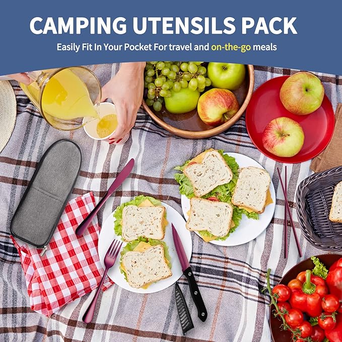 Portable Travel Utensils Set,Reusable Utensils,Travel Camping Cutlery Set,Stainless Steel Flatware Set with Case,Lunch Boxes Workplace Camping School Picnic (Purple)