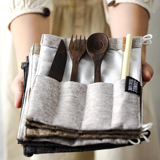 Jungle Culture® Premium Wooden Travel Utensils • Knife, Fork, Spoon, Straw, Case • Eco Friendly Alternative to Bamboo Cutlery • Coconut Bowls Zero Waste Reusable Flatware • Portable Camping Picnic Set