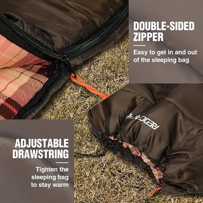 REDCAMP Cotton Flannel Sleeping Bag for Camping Backpacking, Adults Cold Weather Envelope Sleeping Bags with 2/3/4lbs Filling