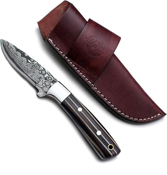Handmade Damascus Steel Knife for Hunting,Survival,Camping,Bushcraft,and Fishing,Fixed Blade with Drop Point Full Tang Micarta Handle, Leather Sheath - WKD-808