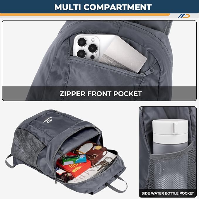 15L Hiking Daypack - Water Resistant Lightweight Packable Backpack for Travel Camping Outdoor - Grey