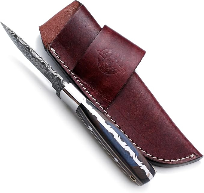 Handmade Damascus Steel Knife for Hunting,Survival,Camping,Bushcraft,and Fishing,Fixed Blade with Drop Point Full Tang Micarta Handle, Leather Sheath - WKD-808