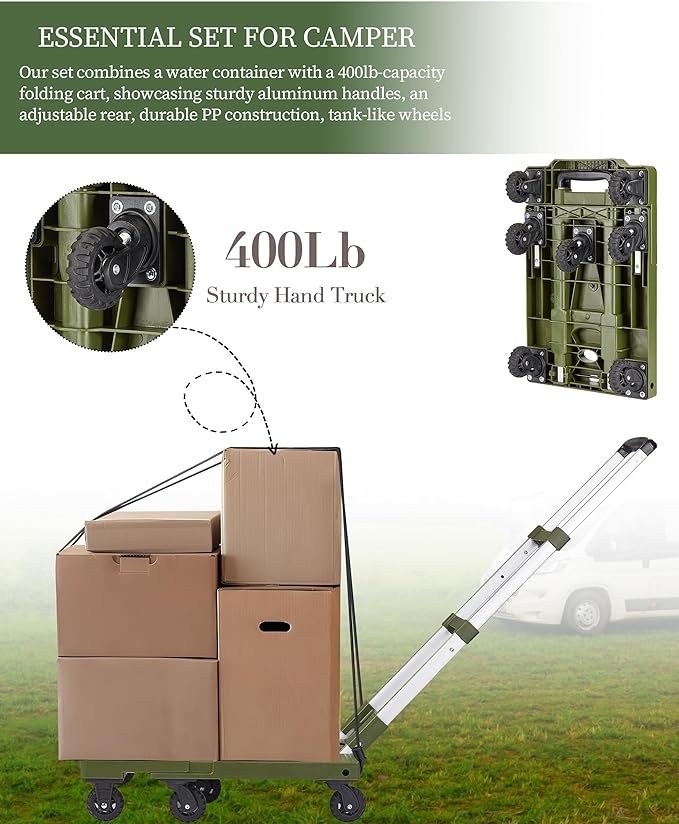 5 Gallon Water Jug and 400 LB Multifunctional Folding Hand Cart,Green Hand Truck,BPA Free Thickened Water Tank,Portable Luggage Cart with 7 Tank Wheels and 2 Bungee Cords,Essential for Camping Hiking