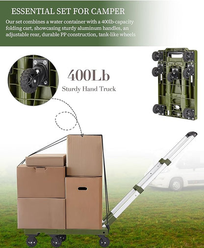 5 Gallon Water Jug and 400 LB Multifunctional Folding Hand Cart,Green Hand Truck,BPA Free Thickened Water Tank,Portable Luggage Cart with 7 Tank Wheels and 2 Bungee Cords,Essential for Camping Hiking