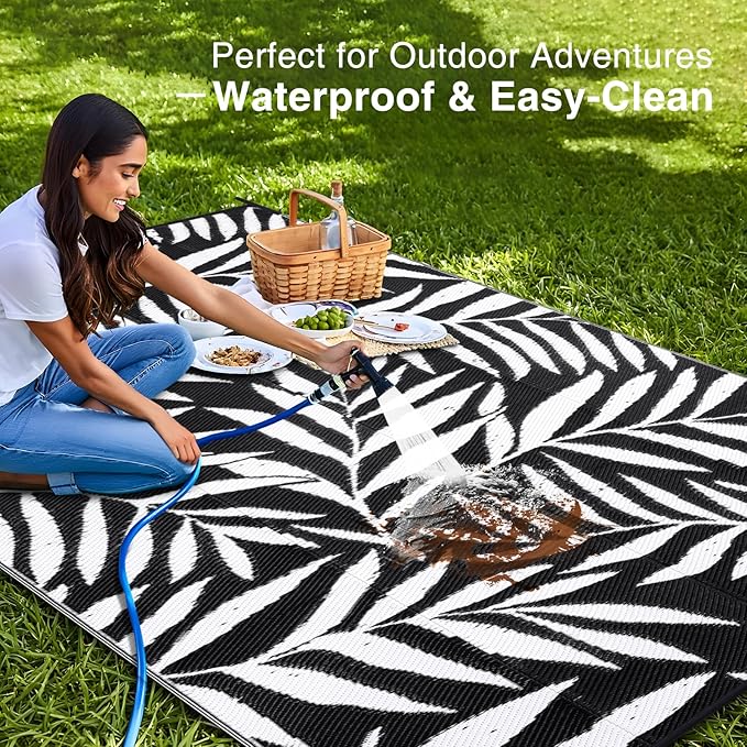 OLANLY Waterproof Outdoor Rug 9x12 ft, Reversible Outdoor Plastic Straw Rug with Leaf Pattern, RV Mat, Indoor Outdoor Carpet for Patio, Camping, Balcony, Deck, Backyard, Black & White