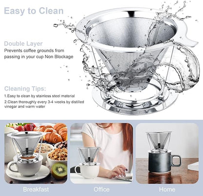 Pour Over Coffee Maker,Coffee Filter,Slow Drip Paperless Stainless Steel Cone Coffee Dripper(1 Cup)