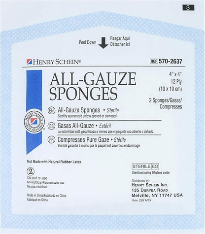 Premium 100% Cotton All-Gauze Sponge 4x4 12 Ply Sterile Square for Wound Care & Home First Aid Kits - 50/Box