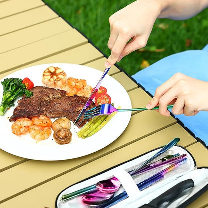hecef 11 PCS Black Titanium Plating Travel Cutlery Set with Compact Carrying Case & Mesh Bag, Reusable Stainless Steel Utensils, Handy Flatware Set for Work, School, Camping and Travel