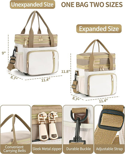 LOKASS Lunch Bag for Women/Men Work, 16L Expandable Double Deck Lunch box, Waterproof Leak-proof Cooler Bag, Portable Meal Prep Lunchbag with Adjustable Shoulder Strap - Brown