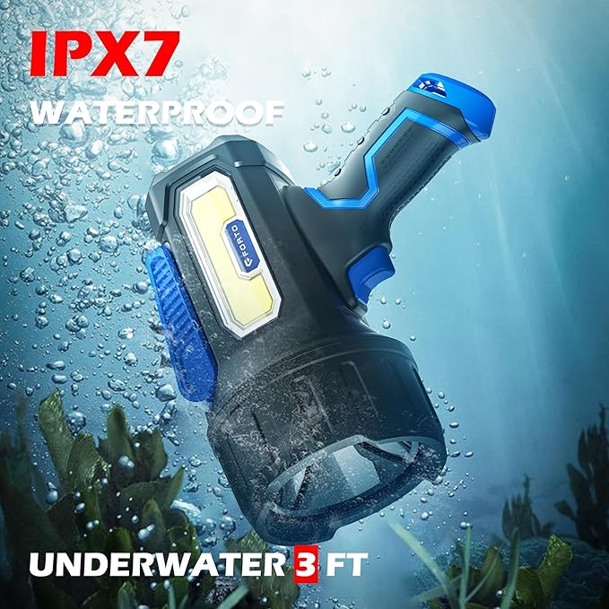 FORTO Rechargeable Spotlight Flashlight with 2000 Lumens, Handheld Spotlight with Foldable Stand, 6 Light Modes IPX7 Waterproof LED Spot Lights Outdoor for Boating Hunting Camping Hiking(Blue)