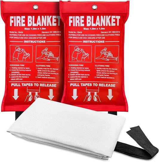 2Pack 39.3x39.3In Large Fire Blanket, Fiberglass Fire Emergency Blankets, Suppression Flame Retardant Fireproof Survival Safety Blanket for Kitchen Home Car Office Warehouse School Fireplace