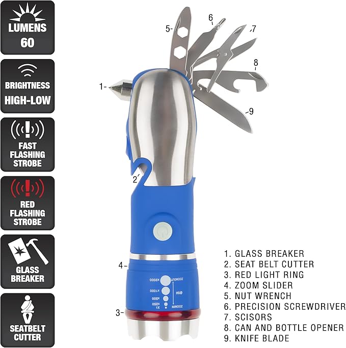 Stalwart 75-WL2005 Multi Tool LED Flashlight, All In One Tool Light For Emergency, Camping and Cars By (Blue) (With Glass Breaker and Seatbelt Cutter)