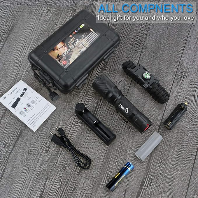 4 Colored Flashlight with RGB Lights, Rechargeable Battery, Charger, Bracelet, High Lumen Zoomable Emergency Torch Multipurpose for Kids Camping Hunting Fishing Hiking Gear