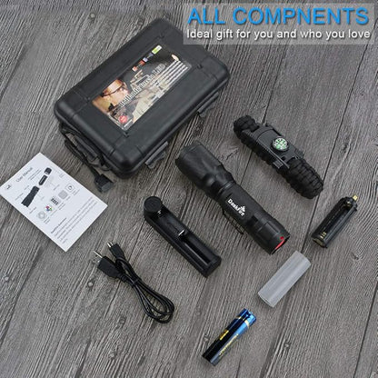 4 Colored Flashlight with RGB Lights, Rechargeable Battery, Charger, Bracelet, High Lumen Zoomable Emergency Torch Multipurpose for Kids Camping Hunting Fishing Hiking Gear