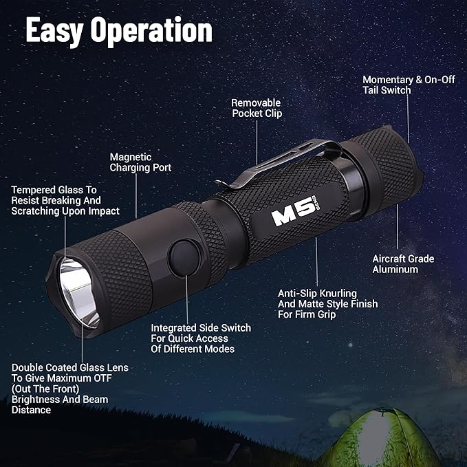 PowerTac M5 GEN3 - The Crescent Wrench of Tactical LED Rechargeable Flashlights. Intense 2030 Lumens, 330M Throw with Ample Fill for Closer Distances, Enhanced Magnetic Charging