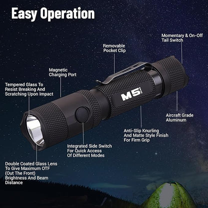 PowerTac M5 GEN3 - The Crescent Wrench of Tactical LED Rechargeable Flashlights. Intense 2030 Lumens, 330M Throw with Ample Fill for Closer Distances, Enhanced Magnetic Charging
