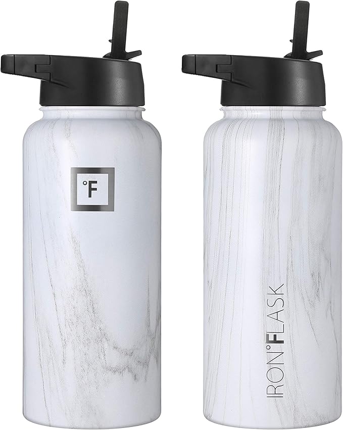 IRON °FLASK Camping & Hiking Hydration Flask, Wide Mouth, 3 Straw Lids, Stainless Steel Outdoor Water Bottle, Double Walled, Insulated Thermos, Metal Canteen - Carrara Marble, 32 Oz