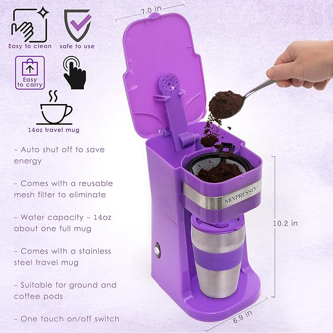 Mixpresso Personal Single-Serve Coffee Maker & 14oz Travel Mug, Drip Coffee Brewer & Tumbler, Auto Shut Off & Reusable Filter, Purple Coffee Maker Compatible with Coffee Grounds