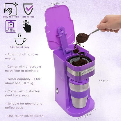 Mixpresso Personal Single-Serve Coffee Maker & 14oz Travel Mug, Drip Coffee Brewer & Tumbler, Auto Shut Off & Reusable Filter, Purple Coffee Maker Compatible with Coffee Grounds