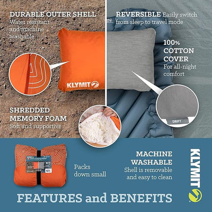 Klymit Drift Camping Pillow, Shredded Memory Foam Travel Pillow with Reversible Cover for Outdoor Use, Orange, Large